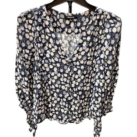Madewell Button Down Blue/Pink/white Floral Tie Sleeves Blouse- Small - Picture 2 of 10